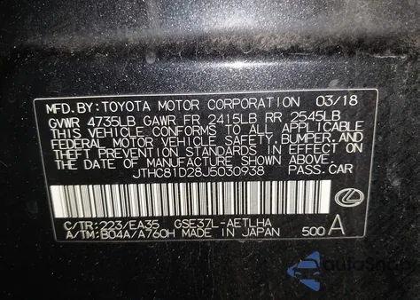 2018 Lexus Is 300 z USA, uszkodzony, nr VIN JTHC81D28J5030938